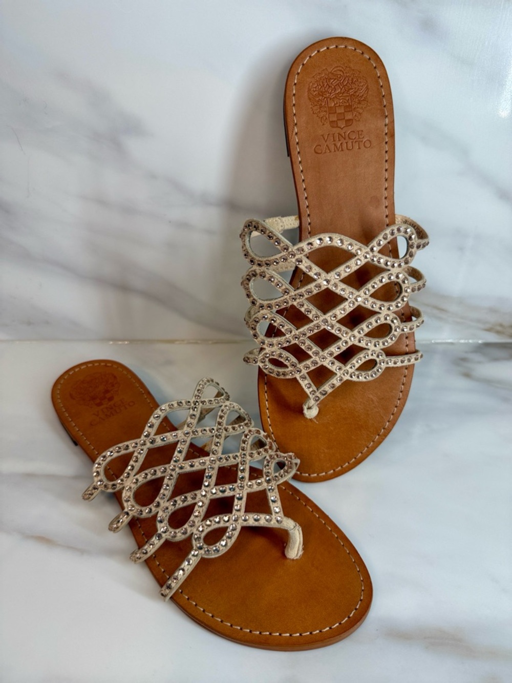 NEW Vince Camuto Millia Leather Suede Jeweled Flat Slide Sandals Shoes Earl Grey